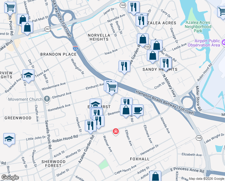 map of restaurants, bars, coffee shops, grocery stores, and more near 3303 Azalea Garden Road in Norfolk