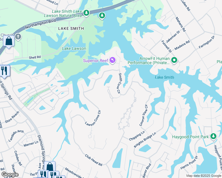 map of restaurants, bars, coffee shops, grocery stores, and more near 1234 Foursome Lane in Virginia Beach