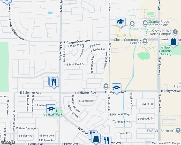 map of restaurants, bars, coffee shops, grocery stores, and more near 2311 East Saint Andrew Drive in Fresno