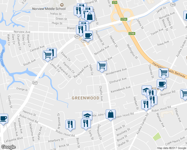 map of restaurants, bars, coffee shops, grocery stores, and more near 4713 Windermere Avenue in Norfolk