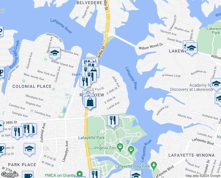 map of restaurants, bars, coffee shops, grocery stores, and more near 245 East 40th Street in Norfolk