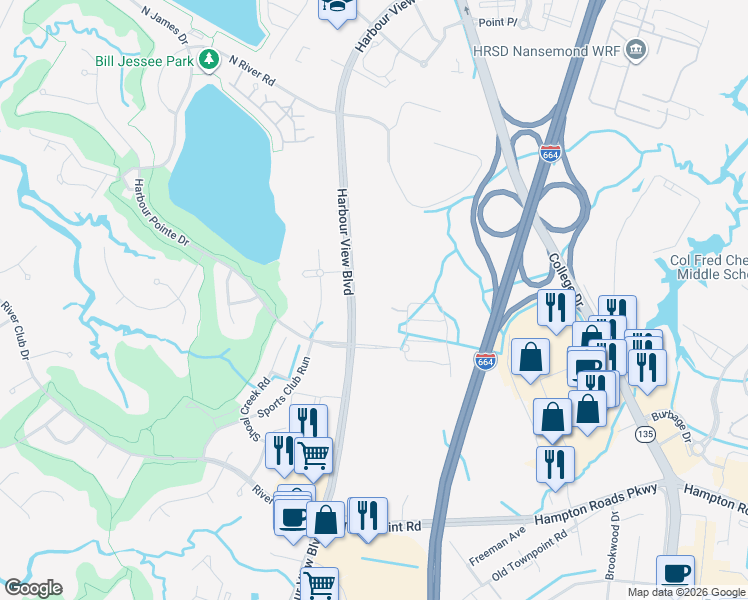 map of restaurants, bars, coffee shops, grocery stores, and more near 6860 Harbour View Boulevard in Suffolk