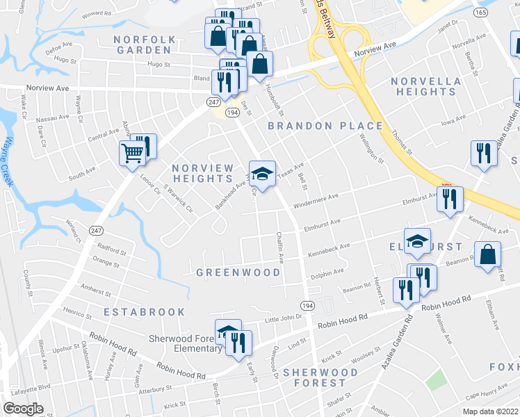 map of restaurants, bars, coffee shops, grocery stores, and more near 3400 Hyde Circle in Norfolk