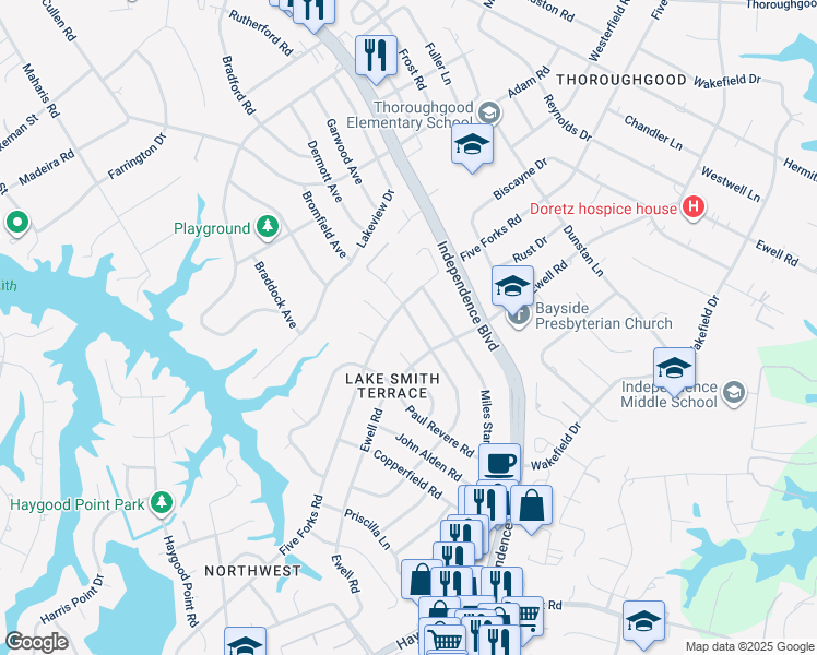 map of restaurants, bars, coffee shops, grocery stores, and more near 4657 Bromfield Avenue in Virginia Beach