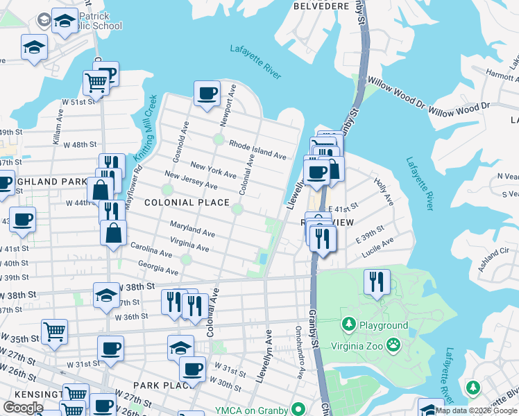 map of restaurants, bars, coffee shops, grocery stores, and more near 421 Delaware Avenue in Norfolk