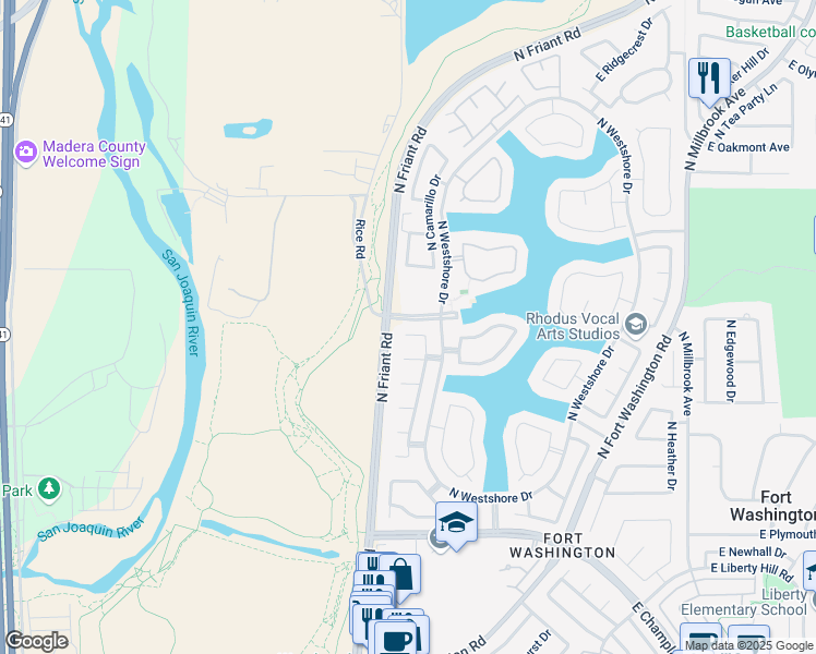 map of restaurants, bars, coffee shops, grocery stores, and more near 411 East Swallow Court in Fresno
