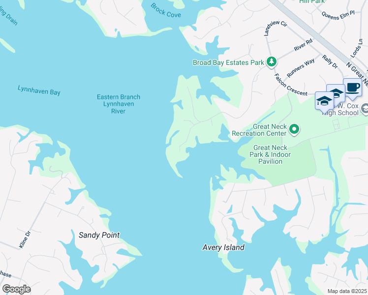 map of restaurants, bars, coffee shops, grocery stores, and more near 1717 River Court in Virginia Beach