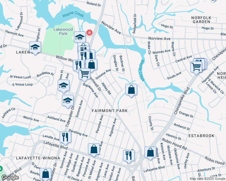 map of restaurants, bars, coffee shops, grocery stores, and more near 3538 Brest Avenue in Norfolk