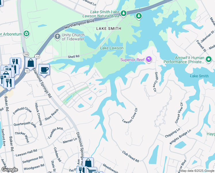map of restaurants, bars, coffee shops, grocery stores, and more near 5409 Nature Lane in Virginia Beach