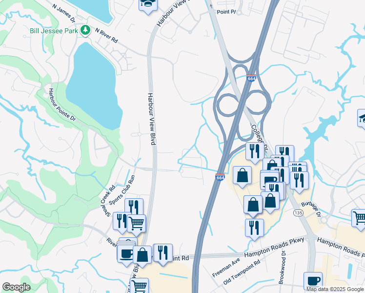 map of restaurants, bars, coffee shops, grocery stores, and more near 3800 Pughsville Road in Suffolk