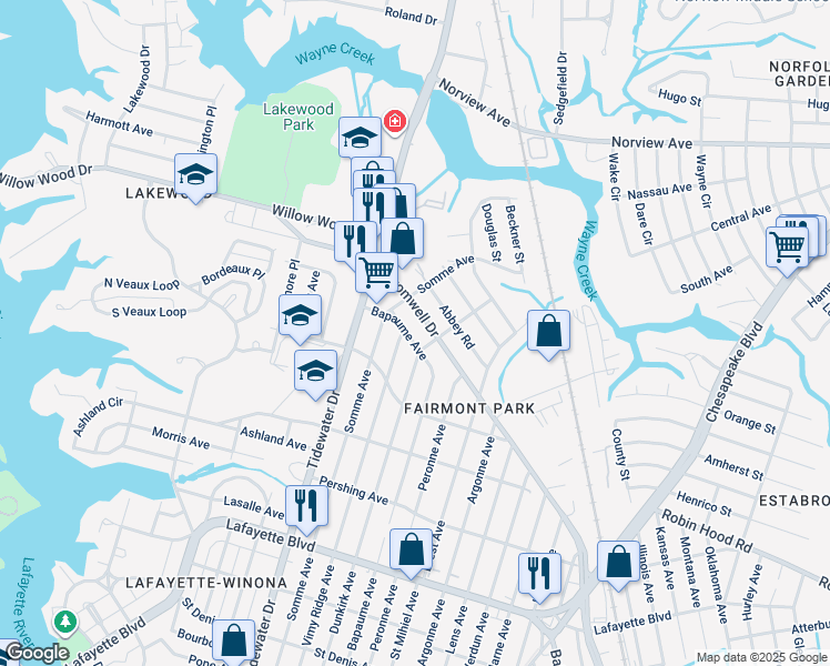map of restaurants, bars, coffee shops, grocery stores, and more near 3522 Bapaume Avenue in Norfolk