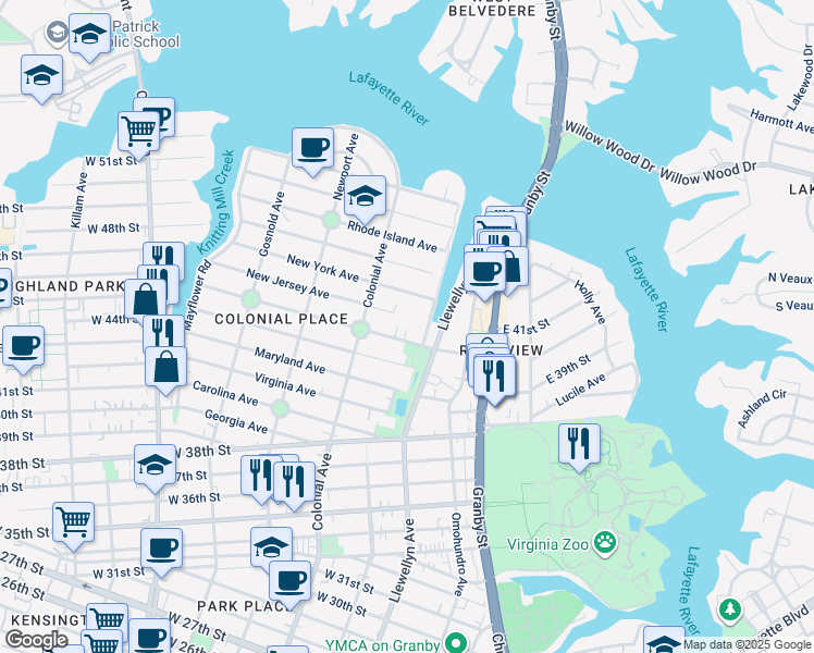 map of restaurants, bars, coffee shops, grocery stores, and more near 421 Delaware Avenue in Norfolk