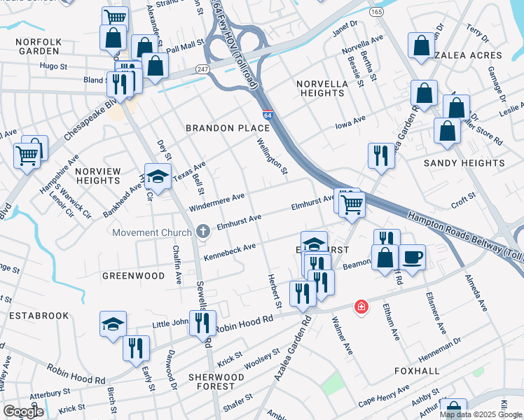 map of restaurants, bars, coffee shops, grocery stores, and more near 3226 Herbert Street in Norfolk