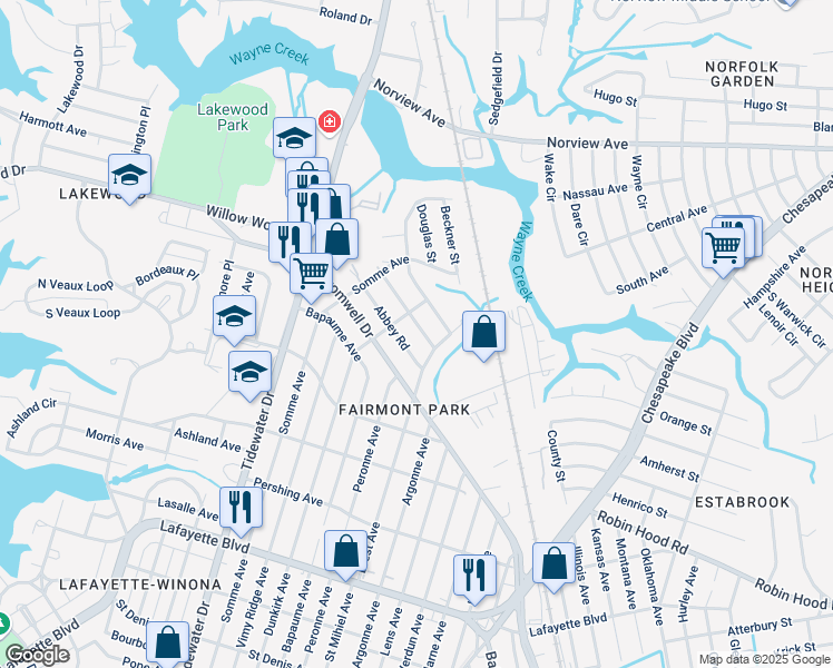 map of restaurants, bars, coffee shops, grocery stores, and more near 3538 Brest Avenue in Norfolk