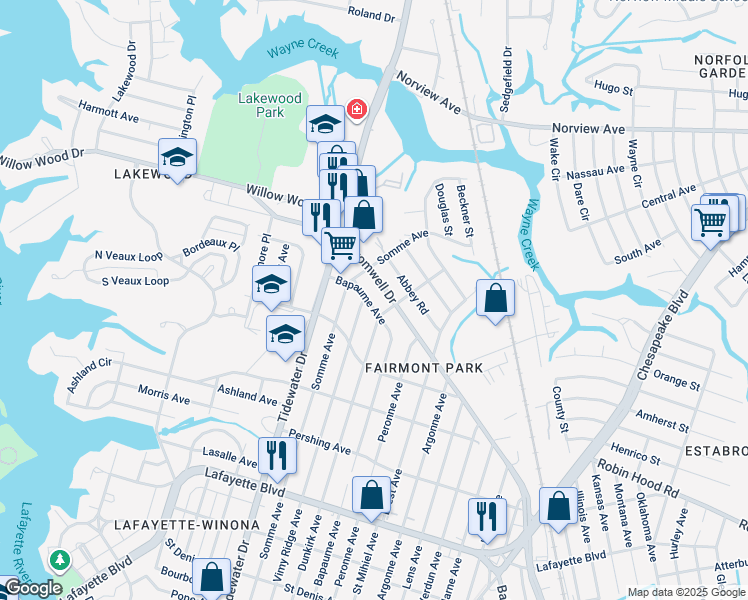 map of restaurants, bars, coffee shops, grocery stores, and more near 3522 Bapaume Avenue in Norfolk