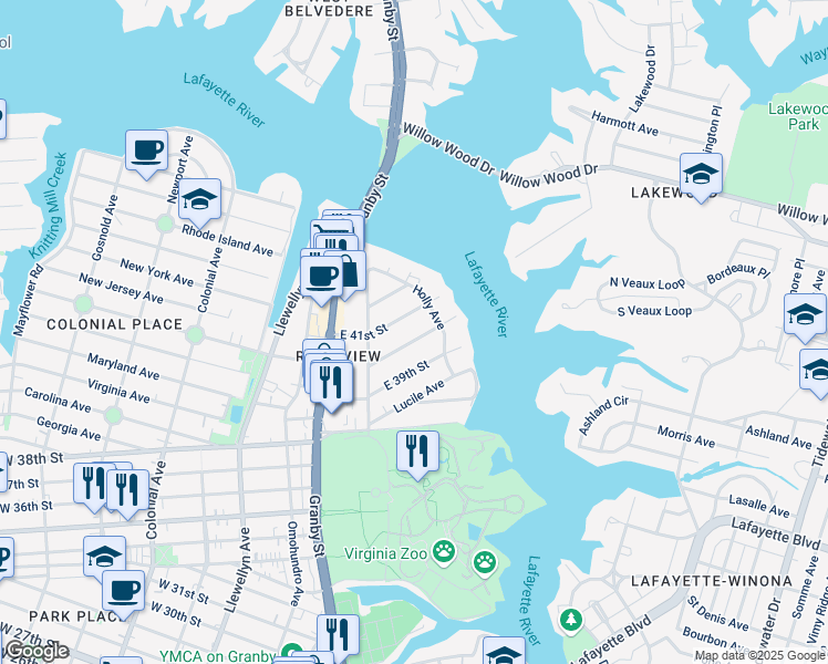 map of restaurants, bars, coffee shops, grocery stores, and more near 245 East 40th Street in Norfolk