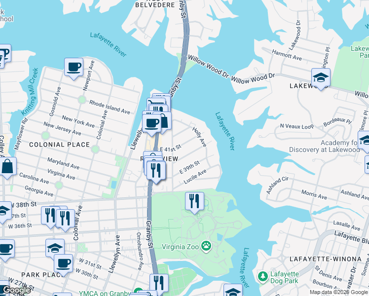 map of restaurants, bars, coffee shops, grocery stores, and more near in Norfolk