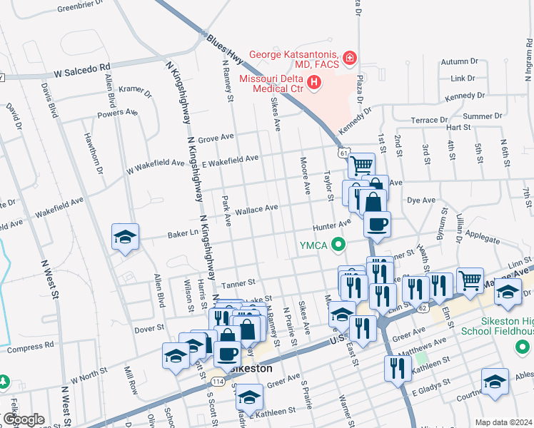 map of restaurants, bars, coffee shops, grocery stores, and more near 627 Vernon Avenue in Sikeston