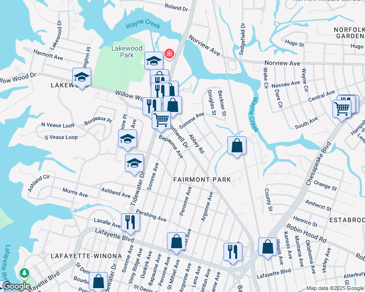 map of restaurants, bars, coffee shops, grocery stores, and more near 2115 Cromwell Drive in Norfolk