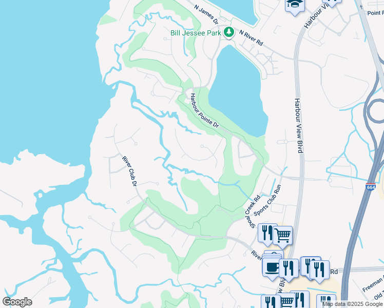 map of restaurants, bars, coffee shops, grocery stores, and more near 6018 Spinnaker Cove Court in Suffolk