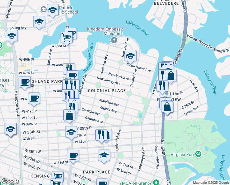 map of restaurants, bars, coffee shops, grocery stores, and more near 4410 Newport Avenue in Norfolk