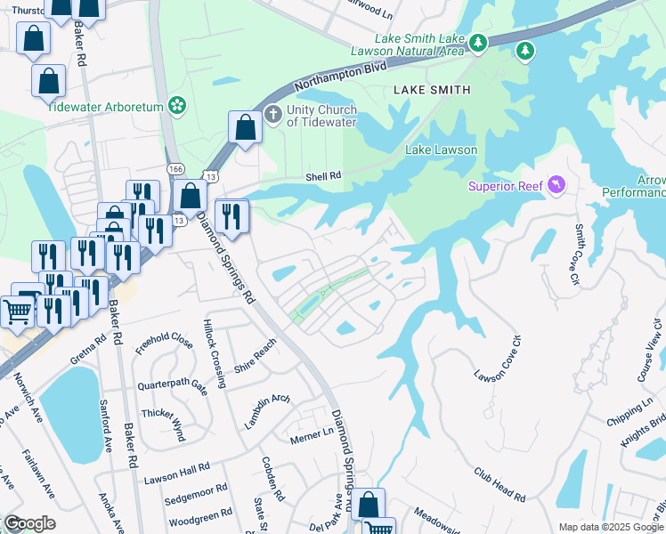 map of restaurants, bars, coffee shops, grocery stores, and more near 5585 Memorial Drive in Virginia Beach