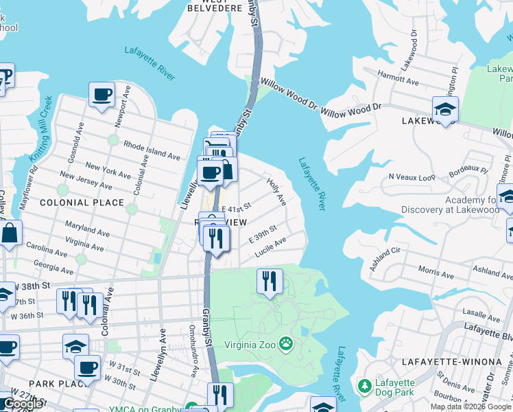 map of restaurants, bars, coffee shops, grocery stores, and more near in Norfolk