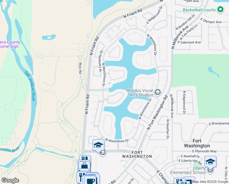 map of restaurants, bars, coffee shops, grocery stores, and more near 573 East Mallard Circle in Fresno