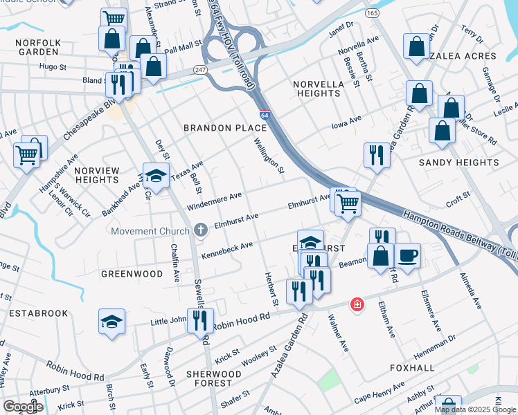 map of restaurants, bars, coffee shops, grocery stores, and more near 3226 Herbert Street in Norfolk