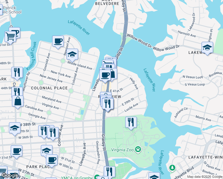 map of restaurants, bars, coffee shops, grocery stores, and more near in Norfolk