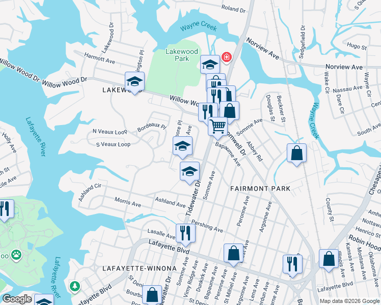 map of restaurants, bars, coffee shops, grocery stores, and more near 1701 Alsace Avenue in Norfolk