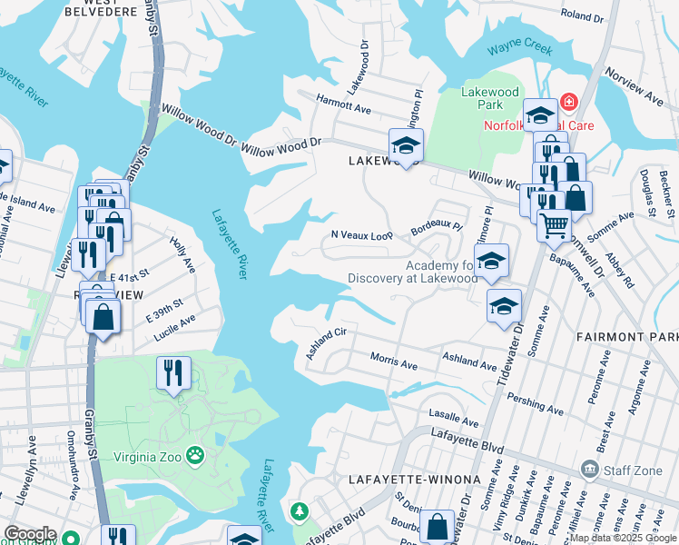 map of restaurants, bars, coffee shops, grocery stores, and more near 1417 Veaux Loop South in Norfolk