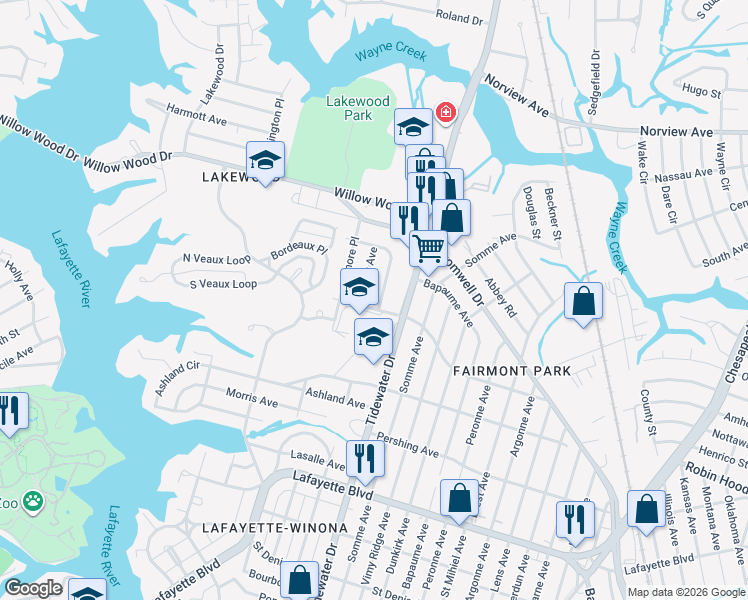 map of restaurants, bars, coffee shops, grocery stores, and more near 1701 Alsace Avenue in Norfolk