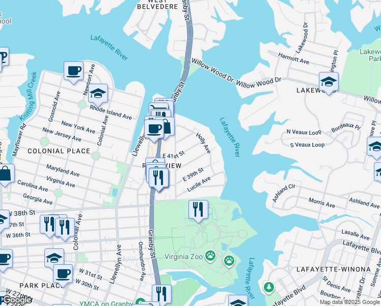 map of restaurants, bars, coffee shops, grocery stores, and more near in Norfolk