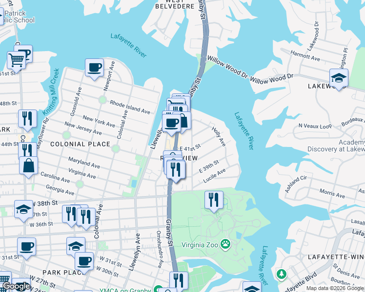 map of restaurants, bars, coffee shops, grocery stores, and more near in Norfolk