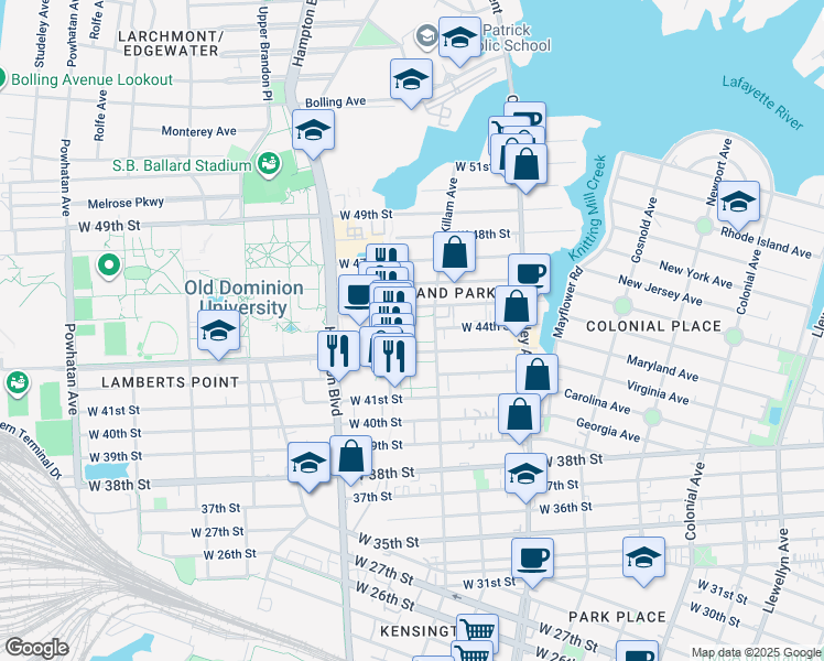 map of restaurants, bars, coffee shops, grocery stores, and more near in Norfolk