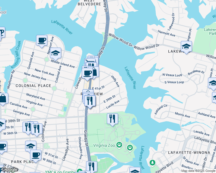 map of restaurants, bars, coffee shops, grocery stores, and more near in Norfolk