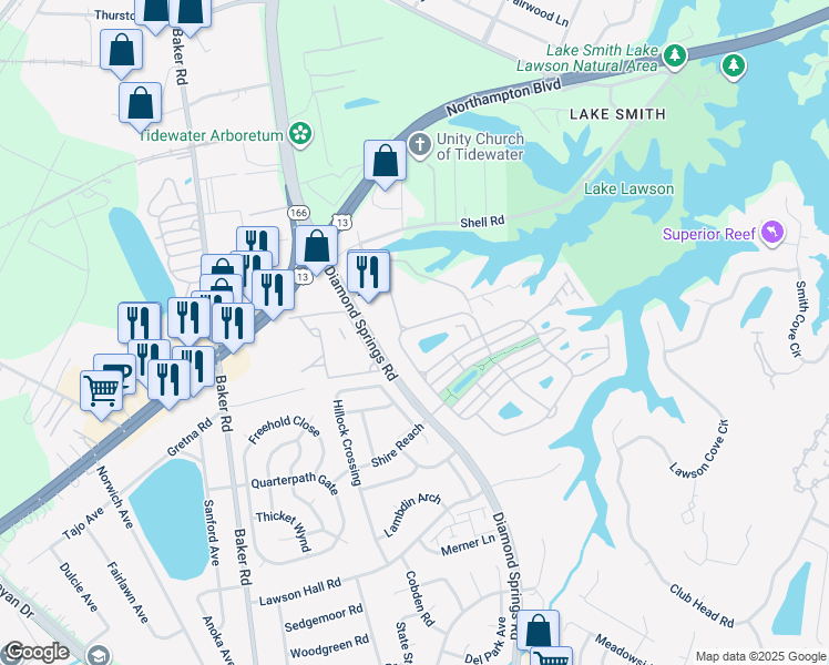 map of restaurants, bars, coffee shops, grocery stores, and more near 5577 Botanical Drive in Virginia Beach