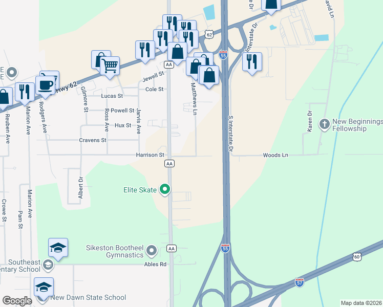 map of restaurants, bars, coffee shops, grocery stores, and more near 611 Woods Lane in Sikeston