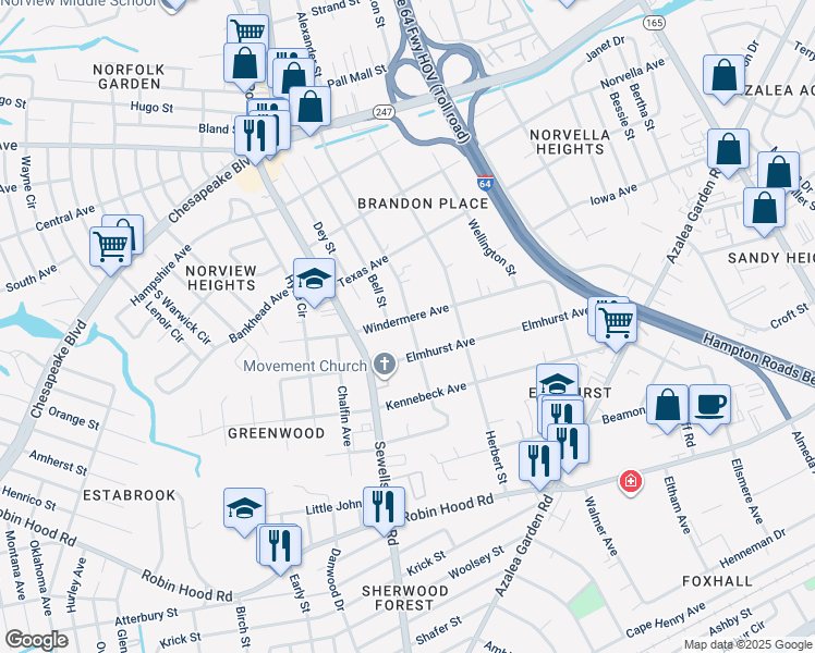 map of restaurants, bars, coffee shops, grocery stores, and more near 4849 Windermere Avenue in Norfolk