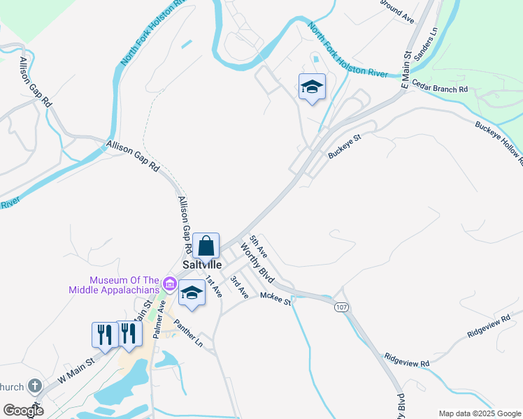map of restaurants, bars, coffee shops, grocery stores, and more near 515 East Main Street in Saltville