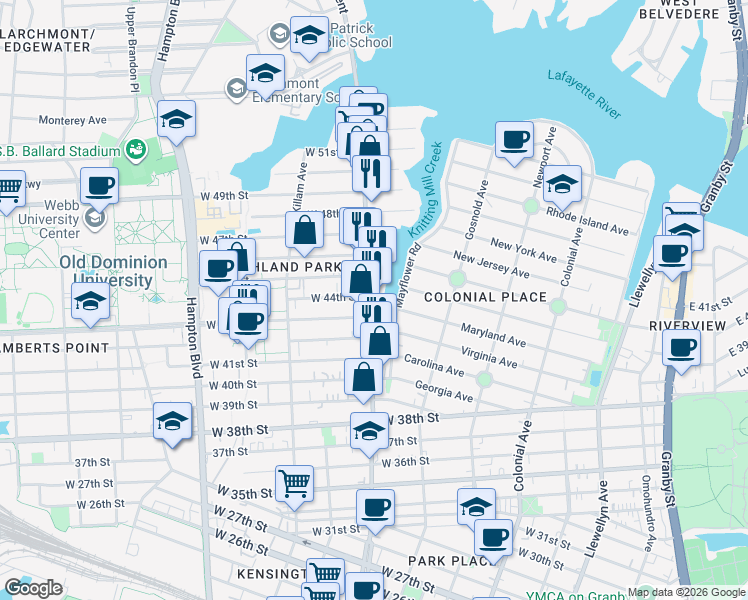 map of restaurants, bars, coffee shops, grocery stores, and more near 4210 Colley Avenue in Norfolk