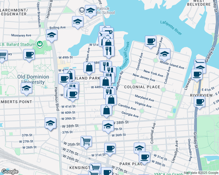 map of restaurants, bars, coffee shops, grocery stores, and more near 4314 Colley Avenue in Norfolk