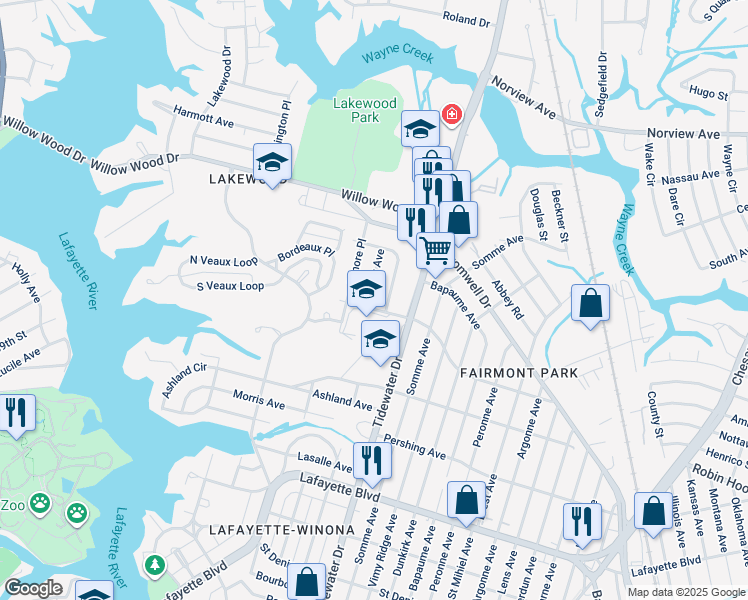 map of restaurants, bars, coffee shops, grocery stores, and more near 3520 Pomroy Avenue in Norfolk