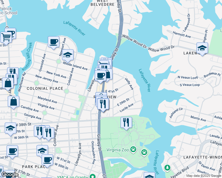 map of restaurants, bars, coffee shops, grocery stores, and more near 4105 Columbus Avenue in Norfolk