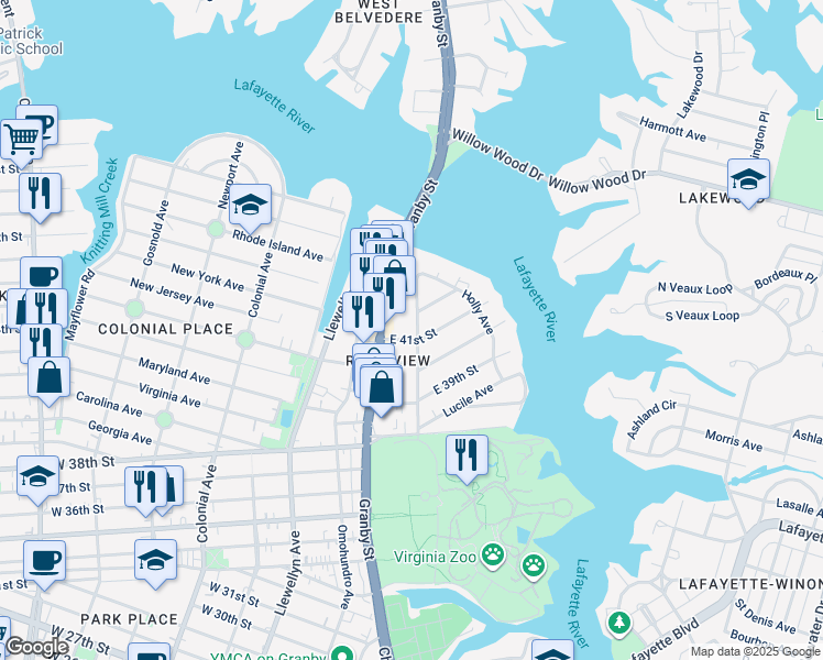 map of restaurants, bars, coffee shops, grocery stores, and more near 4105 Columbus Avenue in Norfolk