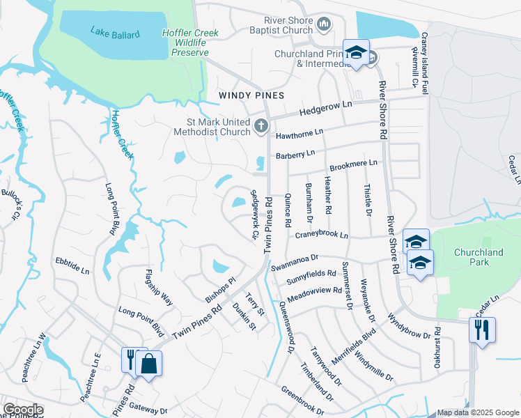 map of restaurants, bars, coffee shops, grocery stores, and more near 4201 Sedgewyck Circle in Portsmouth