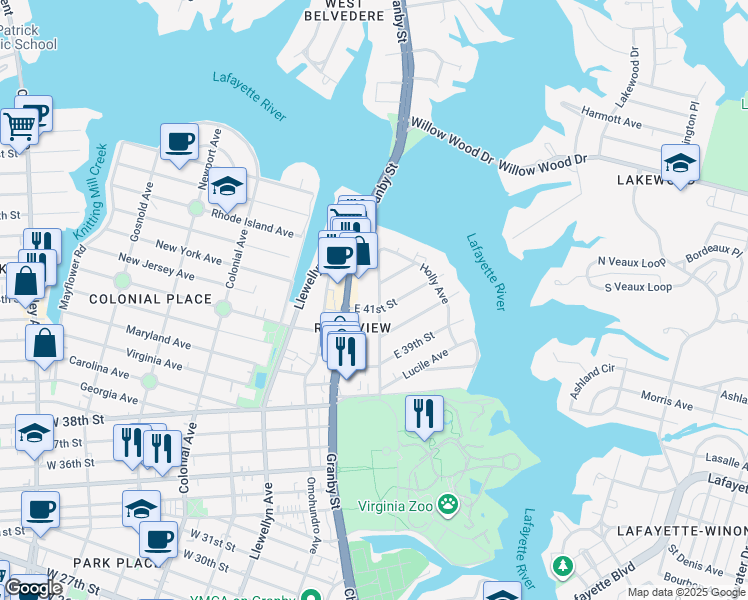 map of restaurants, bars, coffee shops, grocery stores, and more near 4126 Granby Street in Norfolk