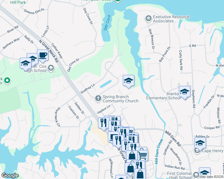 map of restaurants, bars, coffee shops, grocery stores, and more near 2248 Souverain Lane in Virginia Beach