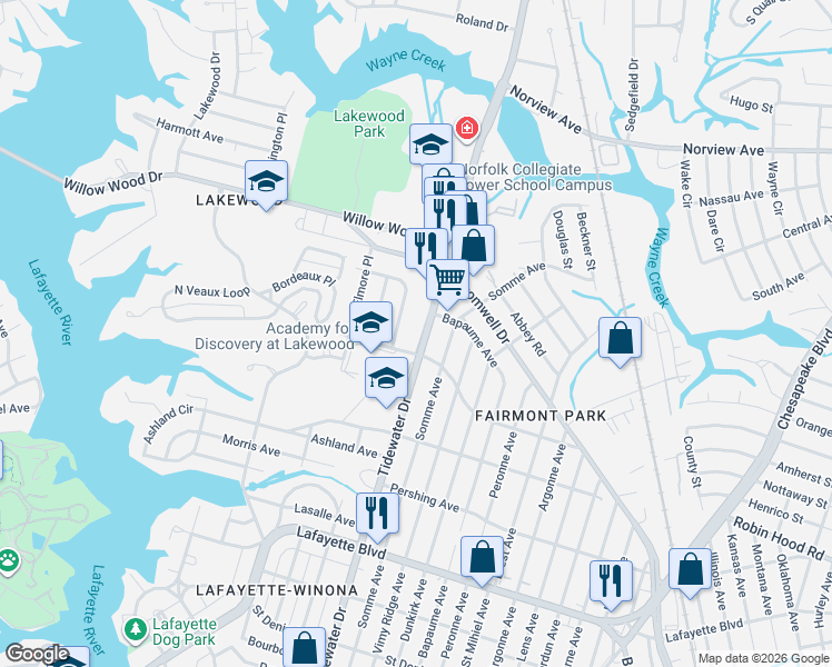 map of restaurants, bars, coffee shops, grocery stores, and more near 3514 Whitechapel Road in Norfolk